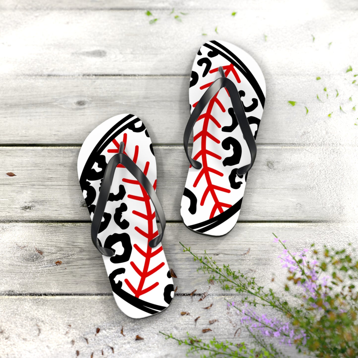 White Baseball leopard print flip flops