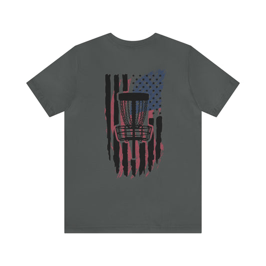 American Flag Disc Golf Short Sleeve Tee- design on Back