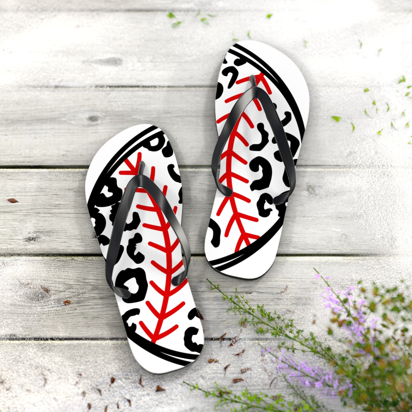 White Baseball leopard print flip flops