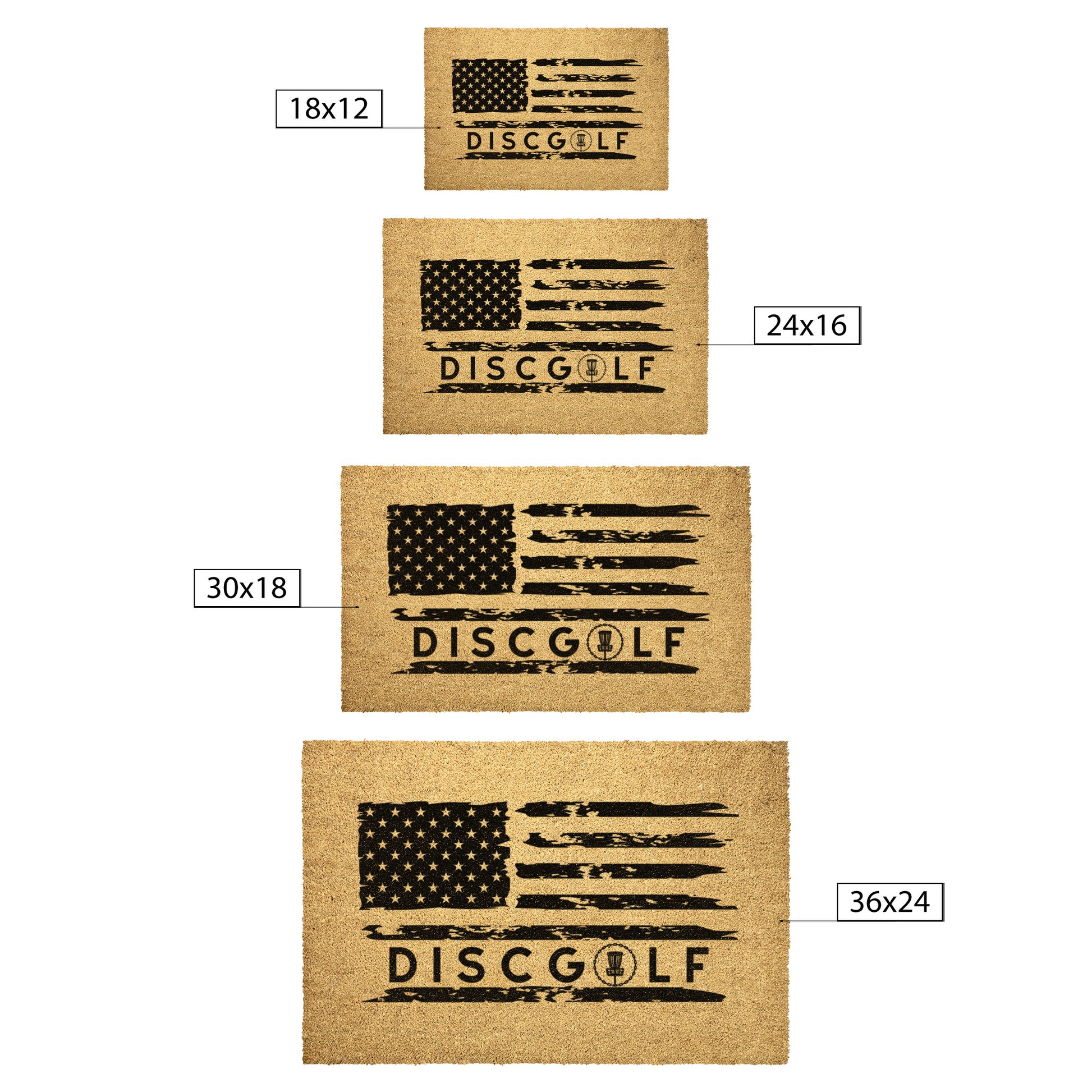 Different sizes the disc gold american flag welcome mat comes in