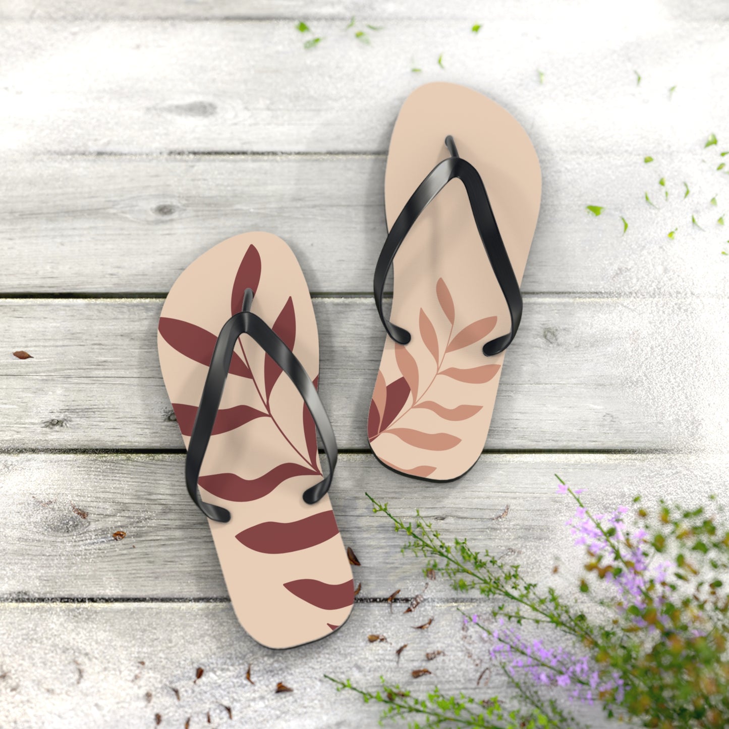 Tan Leafy Flip Flops